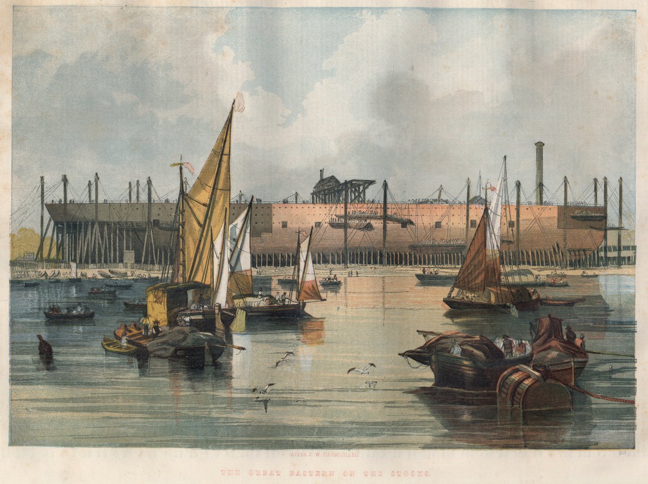Pohled na transatlantickou loď „Great Eastern“ (Leviathan) ve výstavbě v loděnici Thames Shipyard v Londýně. Gravírování do „“ The illustrated London News““ ze 7. listopadu 1857. od Unknown artist