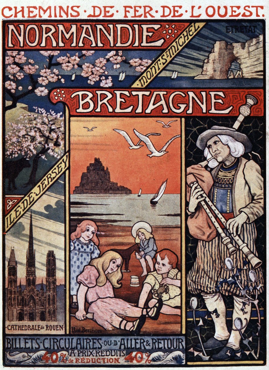 Pohledy na Normandii (Rouen a Etretat) a Bretani (Mont Saint Michel), děti na pláži a hráč na dudy - reklamní plakát Railways de l