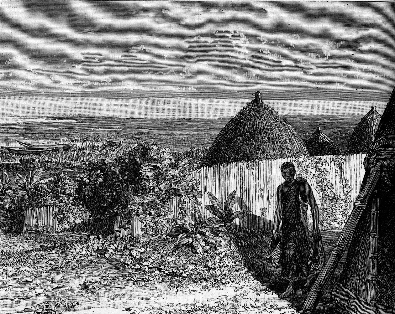 Vesnice na břehu jezera Albert Nyanza (nebo Lake Albert), Afrika. Rytina do „“Le Journal de la jeunesse““ od Unknown artist