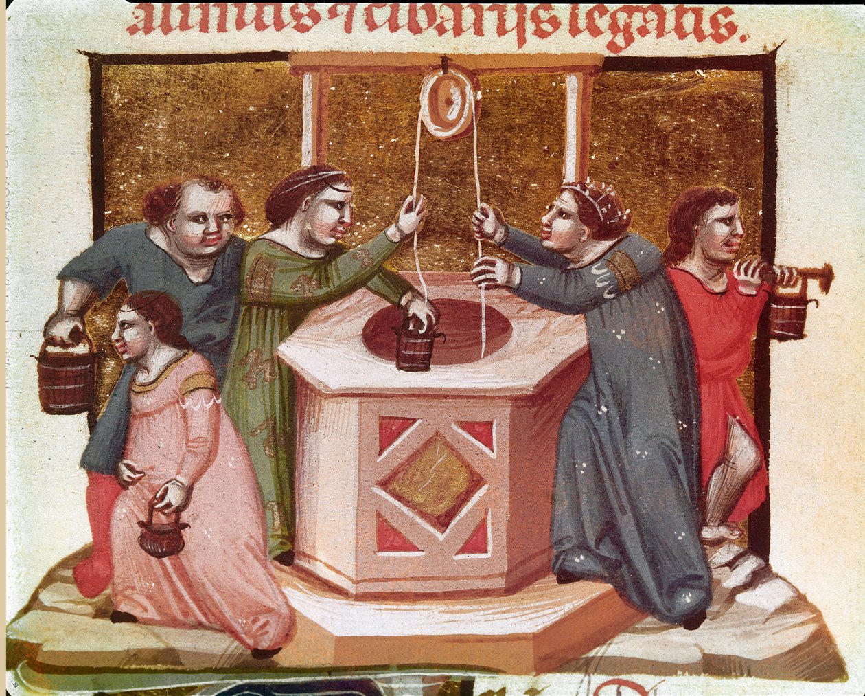 Vesničané táhnoucí vodu u studny Miniatura z Justiniánského zákoníku (Codex Justinianus), sbírky zákonů a institucí vydaných za římského císaře Justiniána I. Byzantského (483-565) od Unknown artist