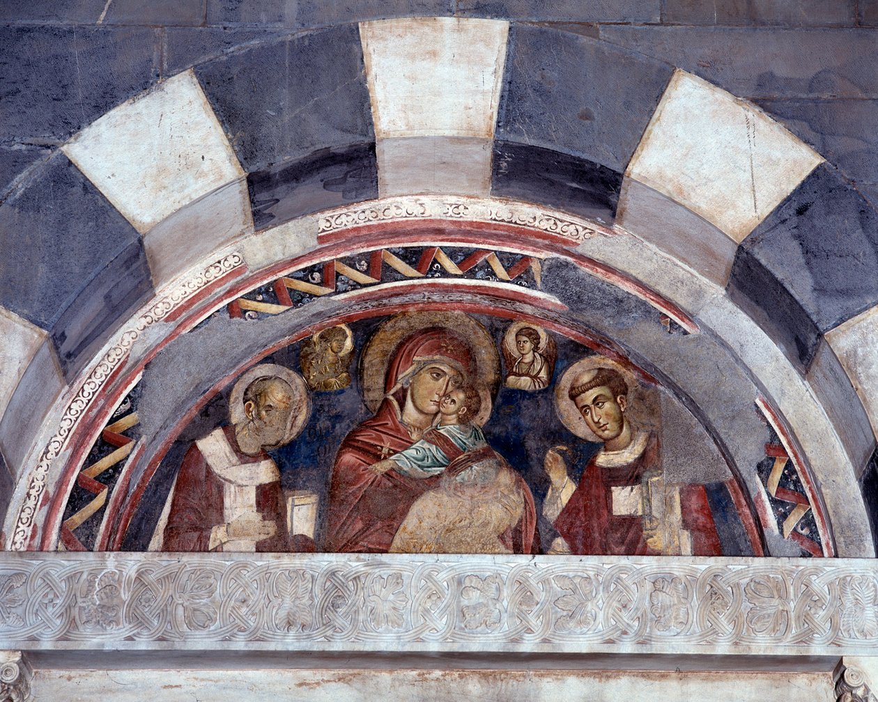 Panna mezi svatým Mikulášem a svatým Vavřincem (freska od Unknown artist