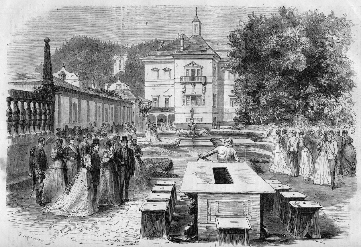 Návštěva císaře Francoise-Josepha (1830-1916) a imprese Alžběty Rakouské (Sissi) (1837-1898) s Eugenií (1826-1920), impressem Francouzů a Napoleonem III. v císařské rezidenci Hellbrunn v Rakousku dne 21. od Unknown artist