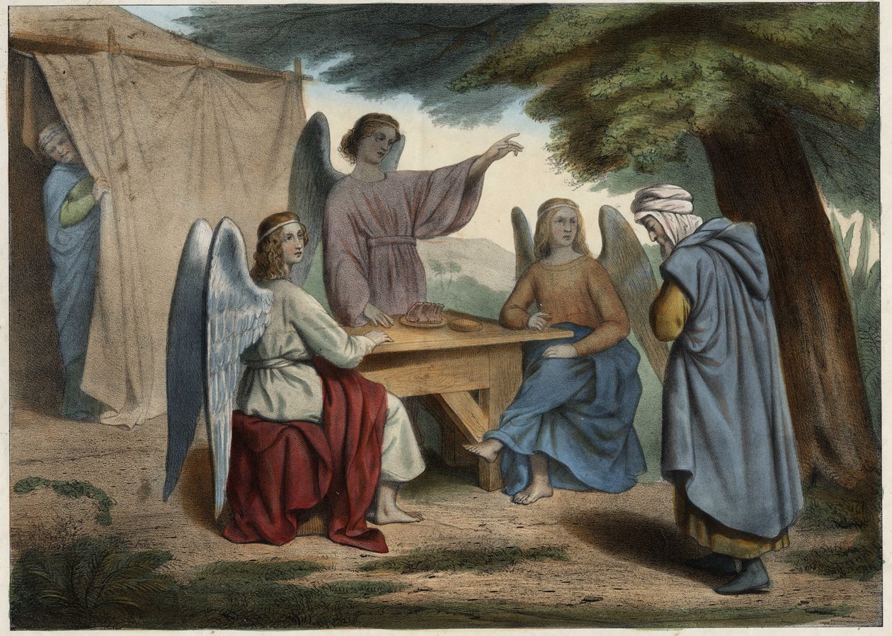 Návštěva tří andělů u Abrahama: Abraham se dozví, že jeho žena Sára (hluboká), již velmi stará, mu brzy dá syna. Anonymní rytina z poloviny 19. století. od Unknown artist