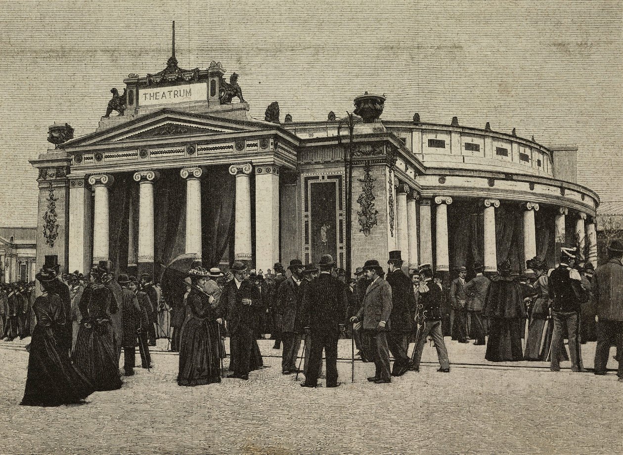 Návštěvníci před Teatro Pompeiano na United Exhibitions, Milán, Itálie, rytina z fotografie bratří Trevesů z L