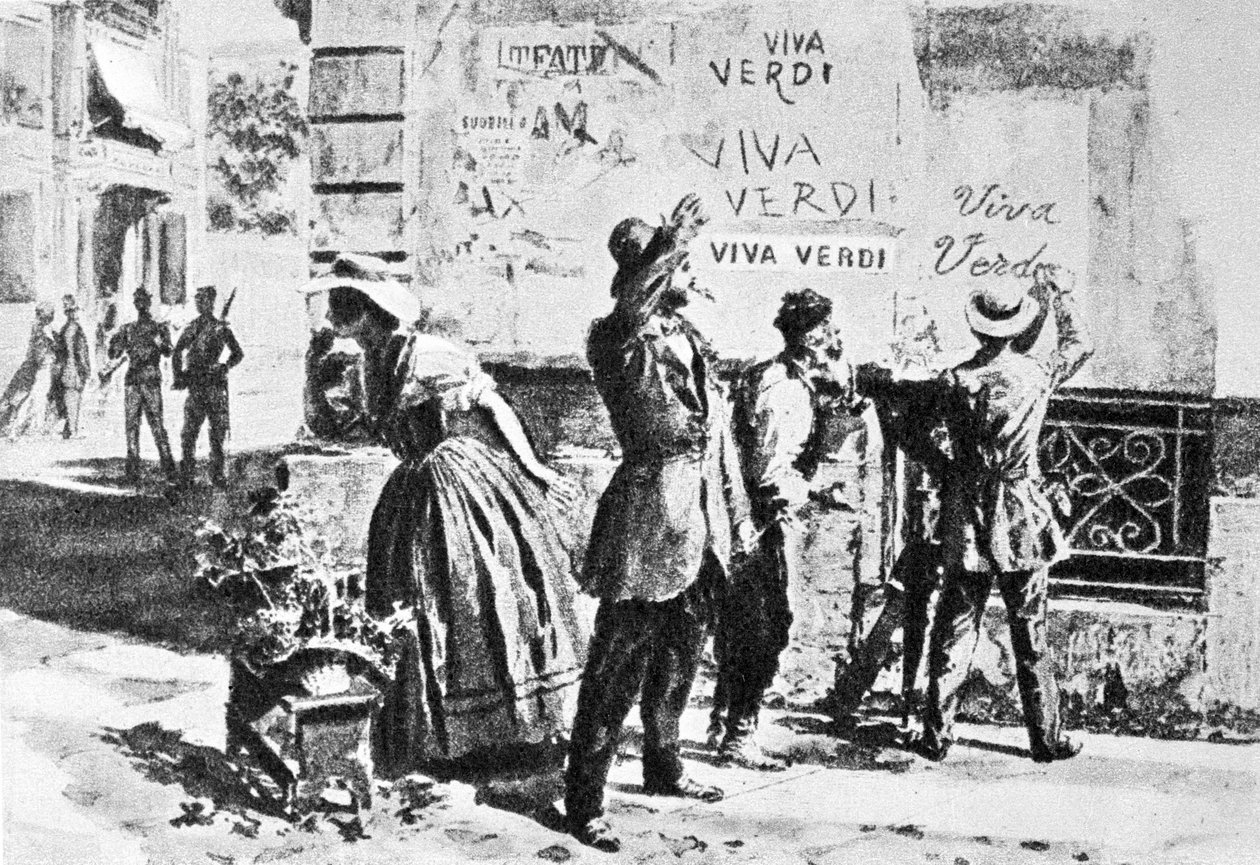Viva Verdi: Nadšené nápisy pro Giuseppe Verdiho v Neapoli (království dvou Sicílií) za rakouské okupace v roce 1859, po zákazu jeho opery „Un Ballo in maschera“ (V.E.R.D.I. (VERDI) = Vittorio Emanuele Re d