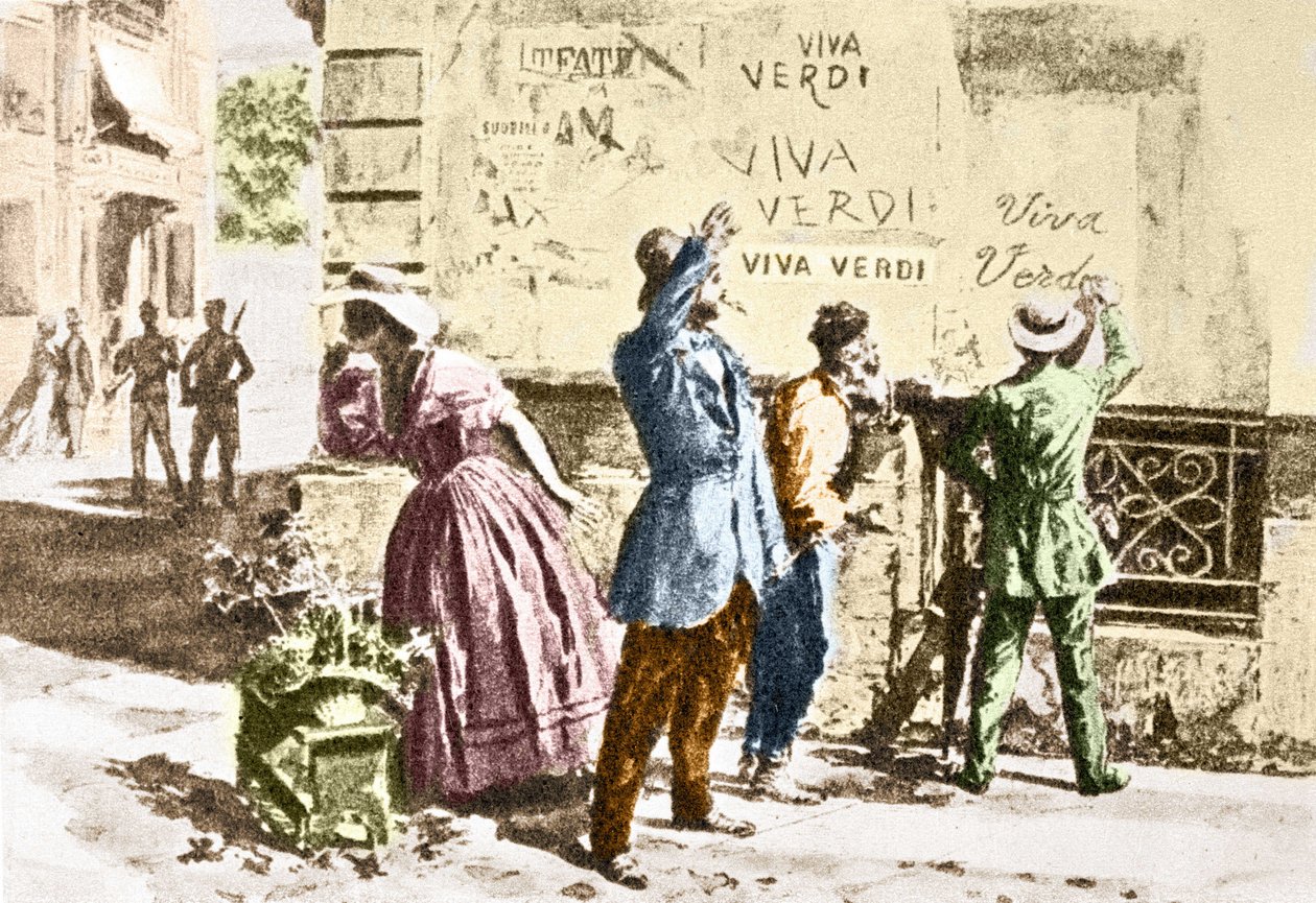 Viva Verdi: Nadšené nápisy pro Giuseppe Verdiho v Neapoli (království dvou Sicílií) za rakouské okupace v roce 1859, po zákazu jeho opery „Un Ballo in maschera“ (V.E.R.D.I. (VERDI) = Vittorio Emanuele Re d