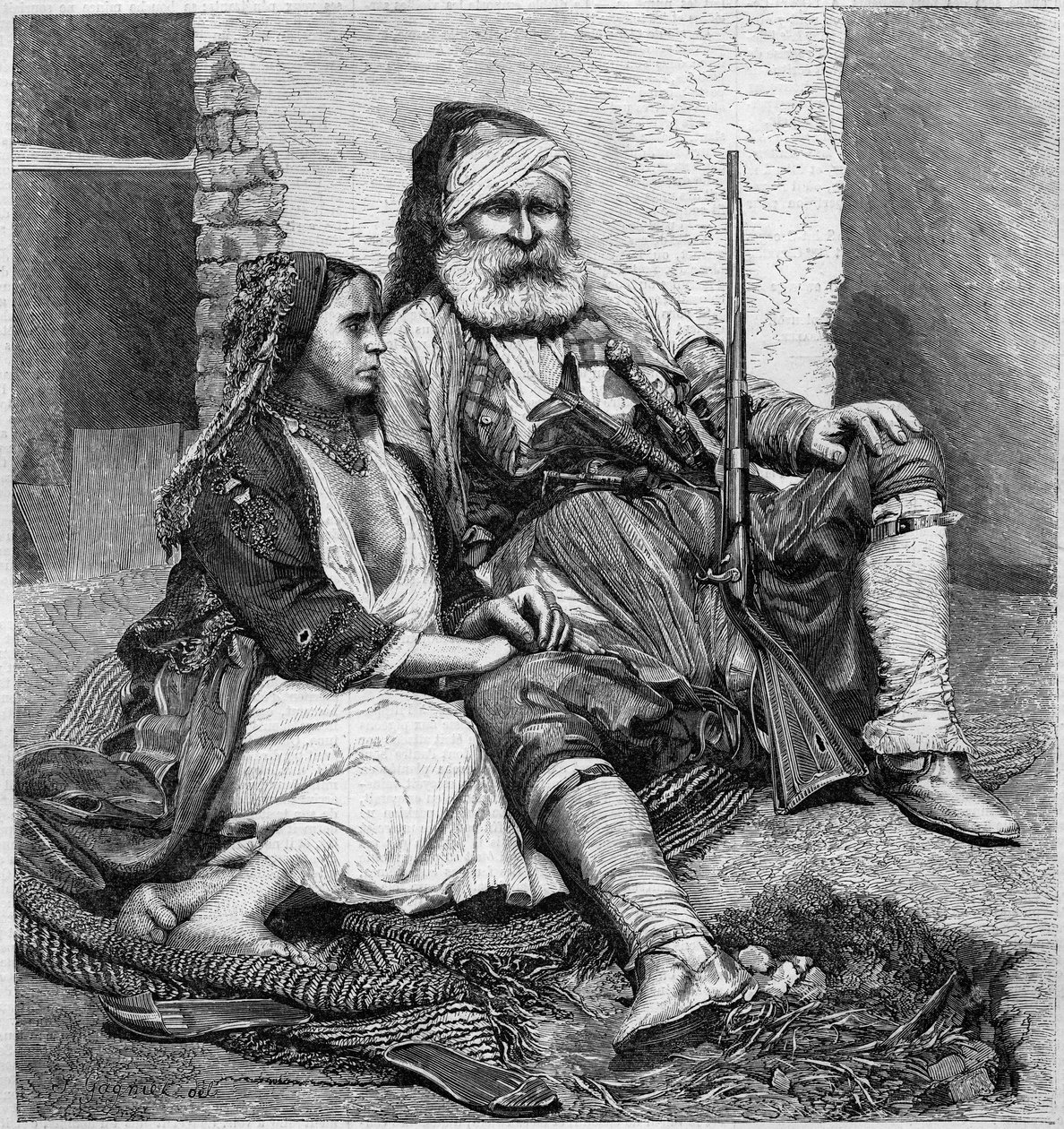 Vlachovské typy a kroje (Palicare a Cikán). Z fotografie Ch. de Szathmari z Bukurešti. Rytina v „“ Le Monde Illustré““ č. 28 z 24. října od Unknown artist