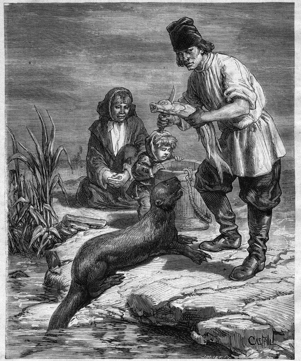 Voyage of Alphonse Louis Pinart v Severní Americe a na Aljašce - lov a rybolov na Aljašce - rytina v „Journal des Voyages““ z roku 1884 od Unknown artist