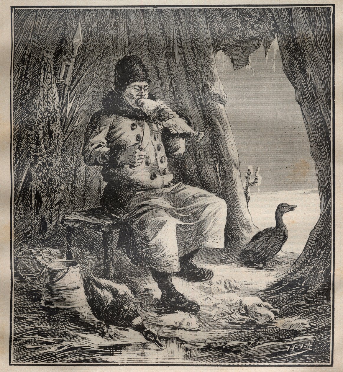 Voyages of Charles Rabot (1856-1944): Ostiak (Khanty nebo Khante) ze Sibiře pojídání ryb – rytina „La Science francaise““ od Unknown artist