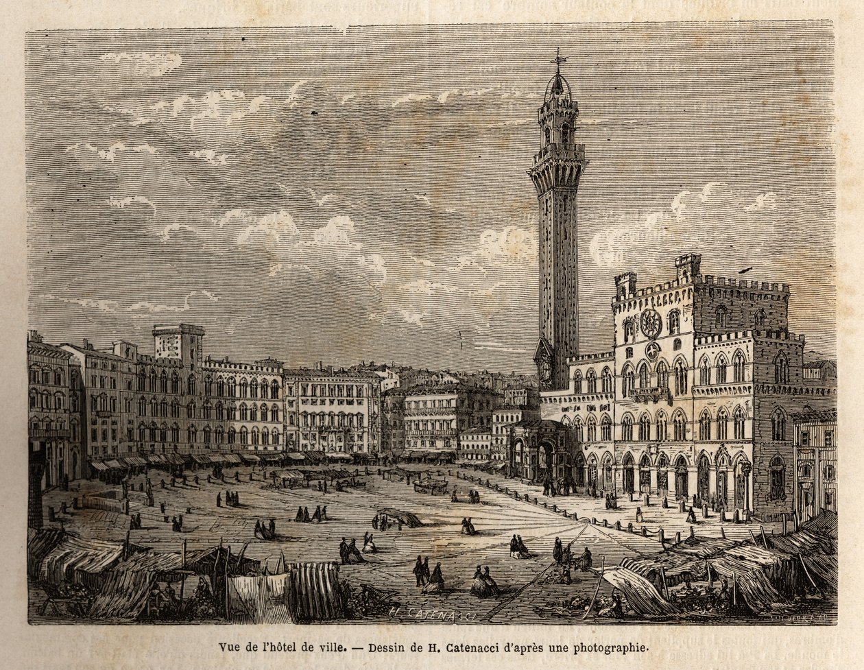 Pohled na radniční náměstí v Sieně, rytina znázorňující plavbu do Sieny (Itálie) v roce 1865, v „Le tour du monde, nouveau journal des voyages““ vydaném pod vedením Edouarda Chartona od Unknown artist