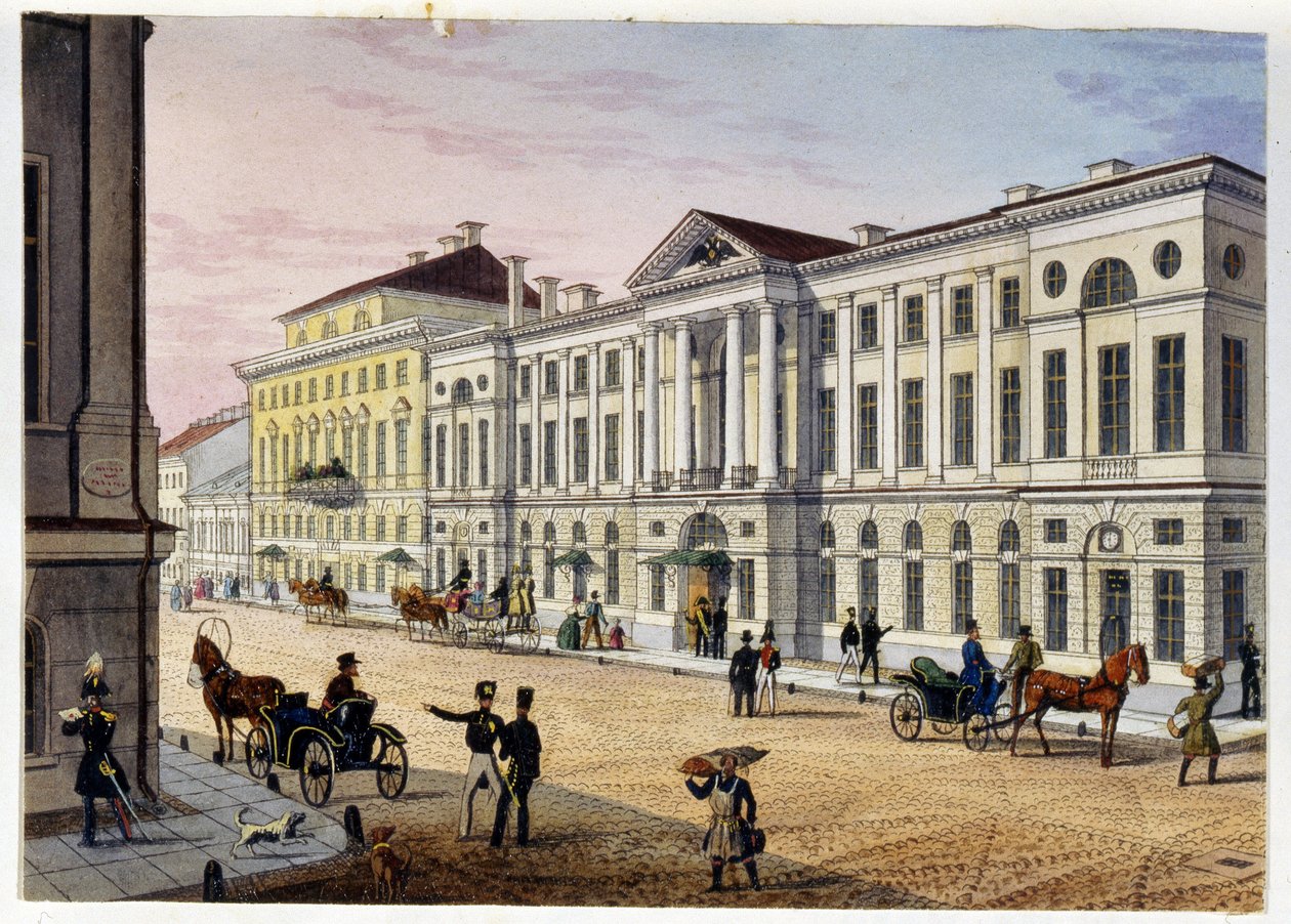 Vnější pohled na Hotel des Postes de Saint Petersburg (Album de Marie Taglioni) (Poštovní hotel v Petrohradu (Album Marie Taglioni). Anonymní lept a akvarel, 40. léta 19. století. Moskva, Státní muzeum A.S. Puškina. od Unknown artist