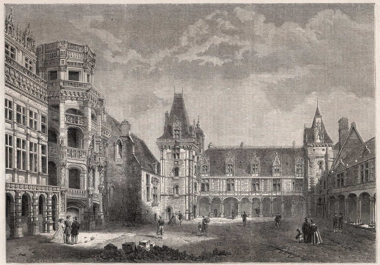 Vnější pohled na hrad Blois s monumentálním schodištěm - rytina v „“ Le Monde Illustrie““ od Unknown artist