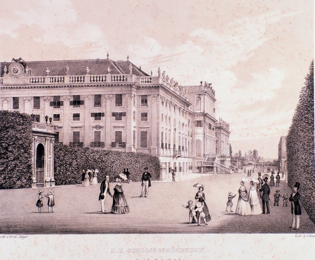 Chodci v parku zámku Schonbrunn (Schoenbrunn) ve Vídni. Rakousko. Tisky z počátku 19. století Soukromá sbírka od Unknown artist