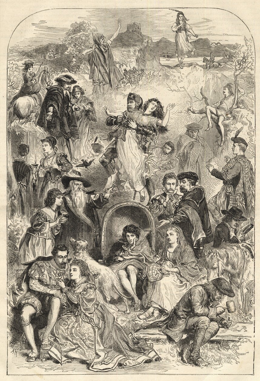 Postavy Waltera Scotta - hlavní postavy románů Waltera Scotta (1771-1832) - rytina 1871 od Unknown artist
