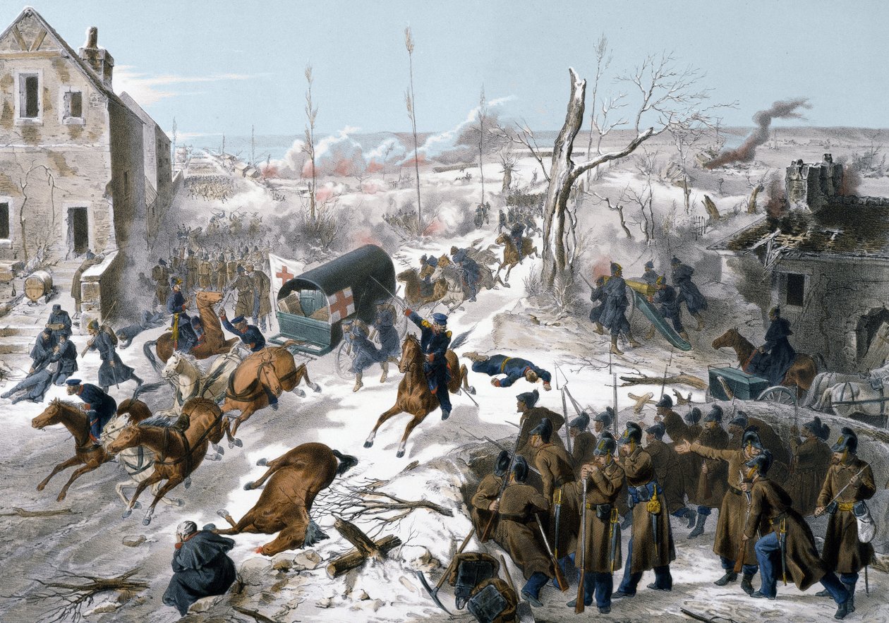 Válka roku 1870 mezi Francií a Pruskem: Červený kříž během bitvy u Bapaume v Pas de Calais ve dnech 2. a 3. ledna 1871, kdy armáda Severu vedená generálem Faidherbem zvítězila proti Prusům od Unknown artist
