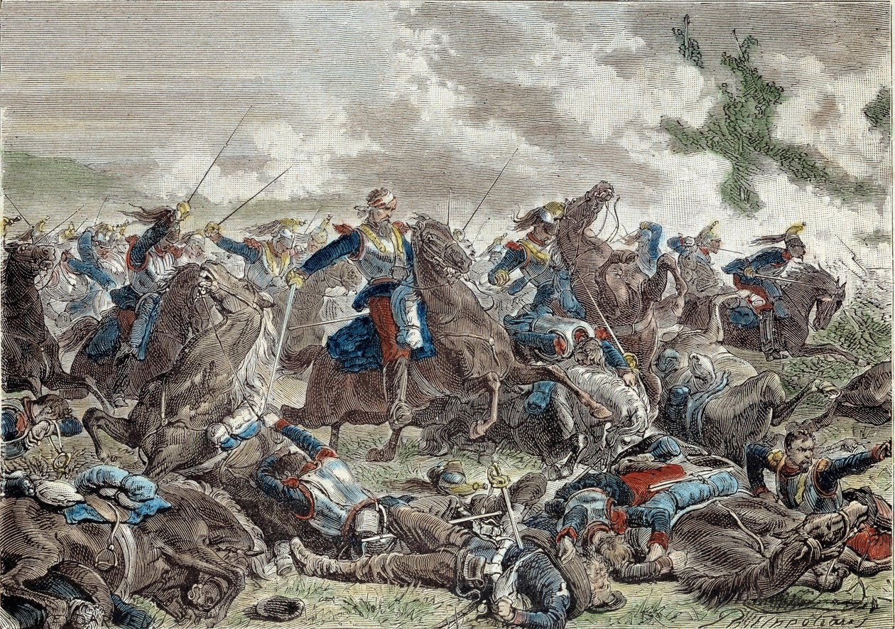 Válka roku 1870: bitva u Froeschwiller Woerth (Froeschwiller-Woerth) (nebo bitva u Reichshoffenu) 6. 8. 1870, která znamenala vítězství Německa - Rytina 19. století - Paříž, Musee de l