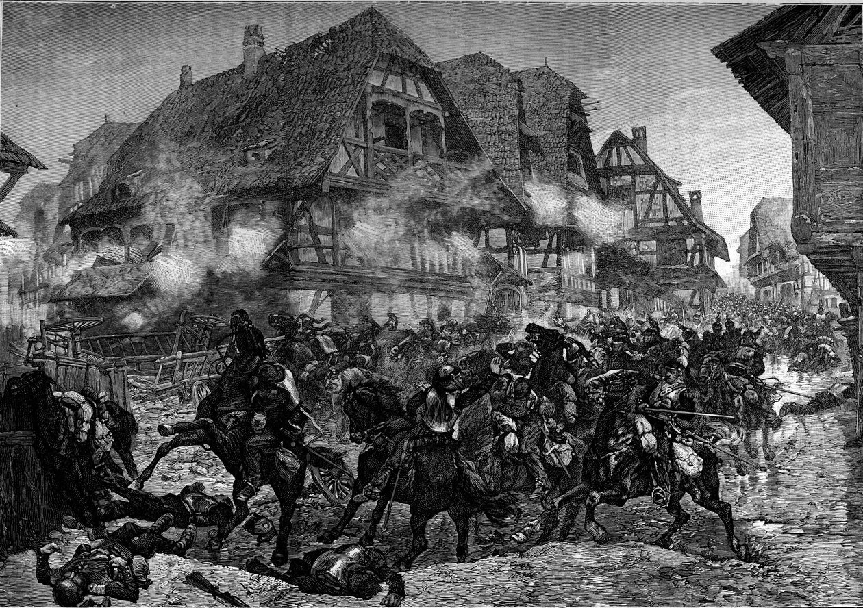 Válka roku 1870: útok 8. a 9. bitevní lodi ulicemi Morsbronnu (Alsasko). Rytina do „“Le Journal de la jeunesse““ od Unknown artist