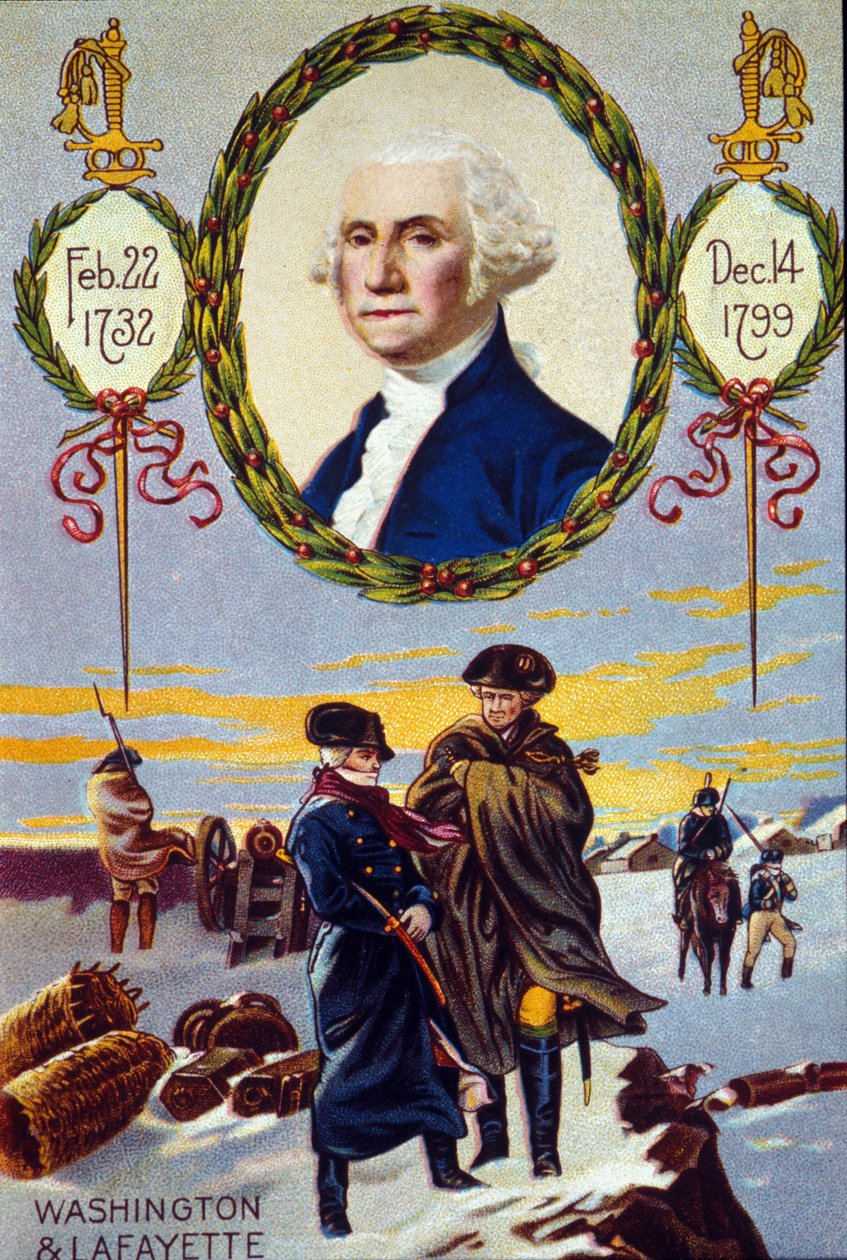 Válka za nezávislost Spojených států: markýz de Lafayette (1757-1834) se v roce 1777 setkal s Georgem Washingtonem (1732-1799) s Valley Forge, aby mu pomohli. chromolitografie 19. století od Unknown artist