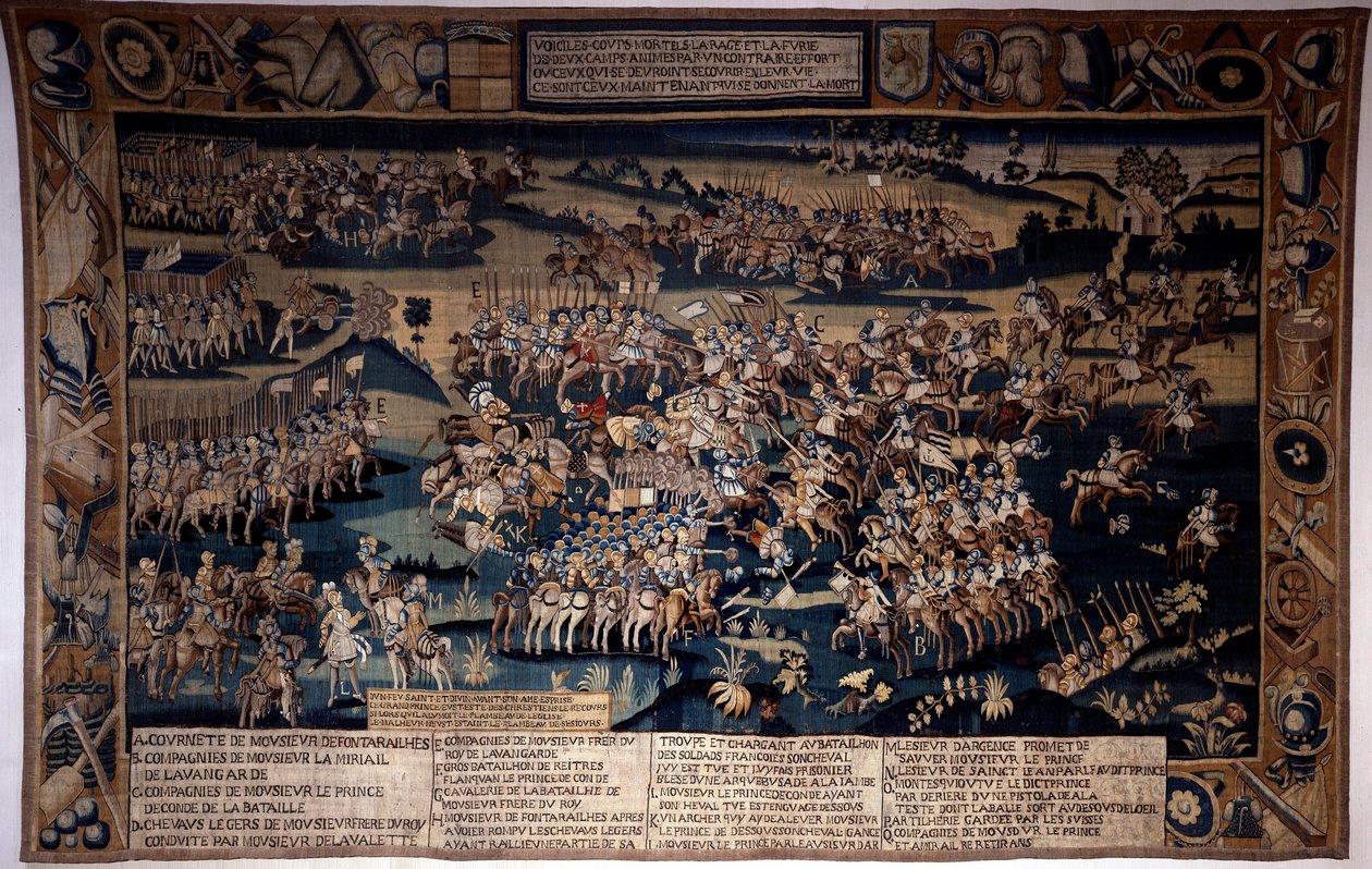 Válka náboženství: „“ Bitva u Jarnacu, smrt Ludvíka I. Bourbonského, prince z Conde (Bourbon-Conde) (1530-1569)““ Postaví 13. 3. 1569 protestantskou armádu prince z Conde proti to francouzského krále, kterému velel vévoda z Anjou. Gobelín od Unknown artist