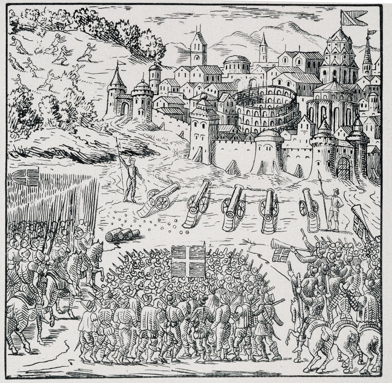 Válka náboženství: Město Nîmes obležené Armée krále (Henry III) v roce 1576 - v „“ Sbírka 39 figurek představujících katastrofy ve Francii v letech 1562 až 1586““, Louis Perrin imprim. od Unknown artist