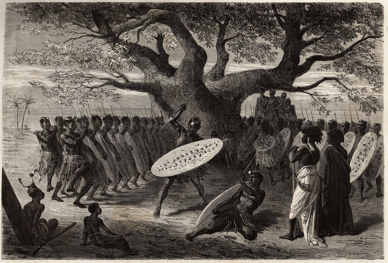 Válečnická cvičení Landines nebo caffres-zulus, Sena (oblast řeky Zambese, Mosambik). Rytina k ilustraci prvních plaveb Dr. Livingstonea do jižní Afriky v letech 1840 až 1856 v „Le tour du monde, nouveau journal des voyages““ publikovaném pod od Unknown artist