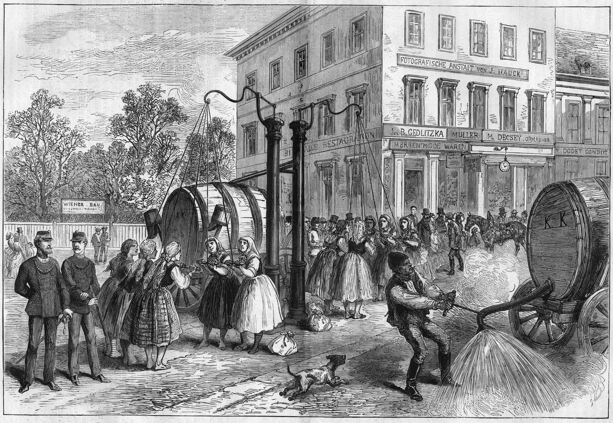 Zavlažovací systém v ulicích Vídně, Rakousko v roce 1873. od Unknown artist