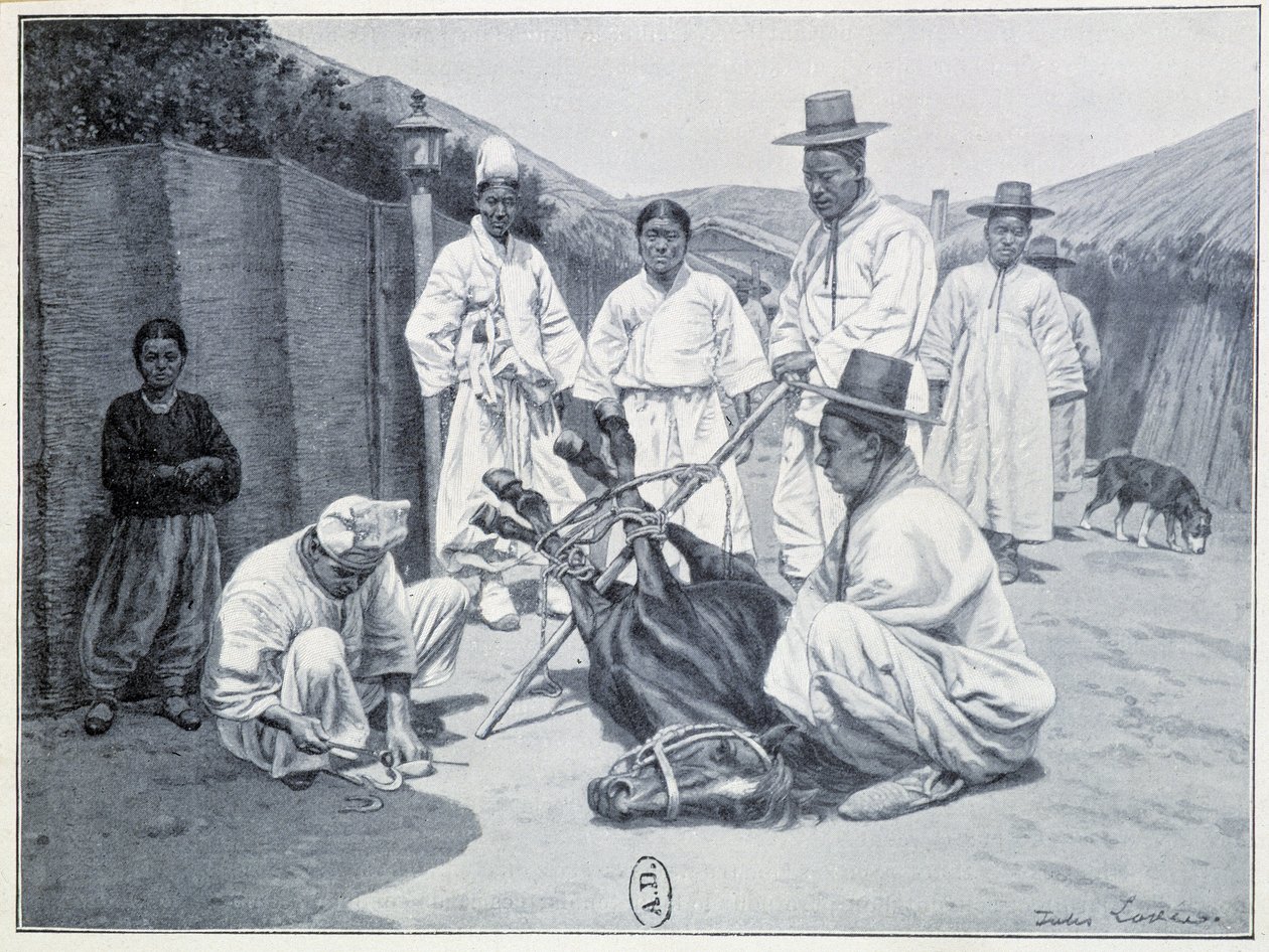 Způsob aportování koně v Koreji - rytina od Unknown artist