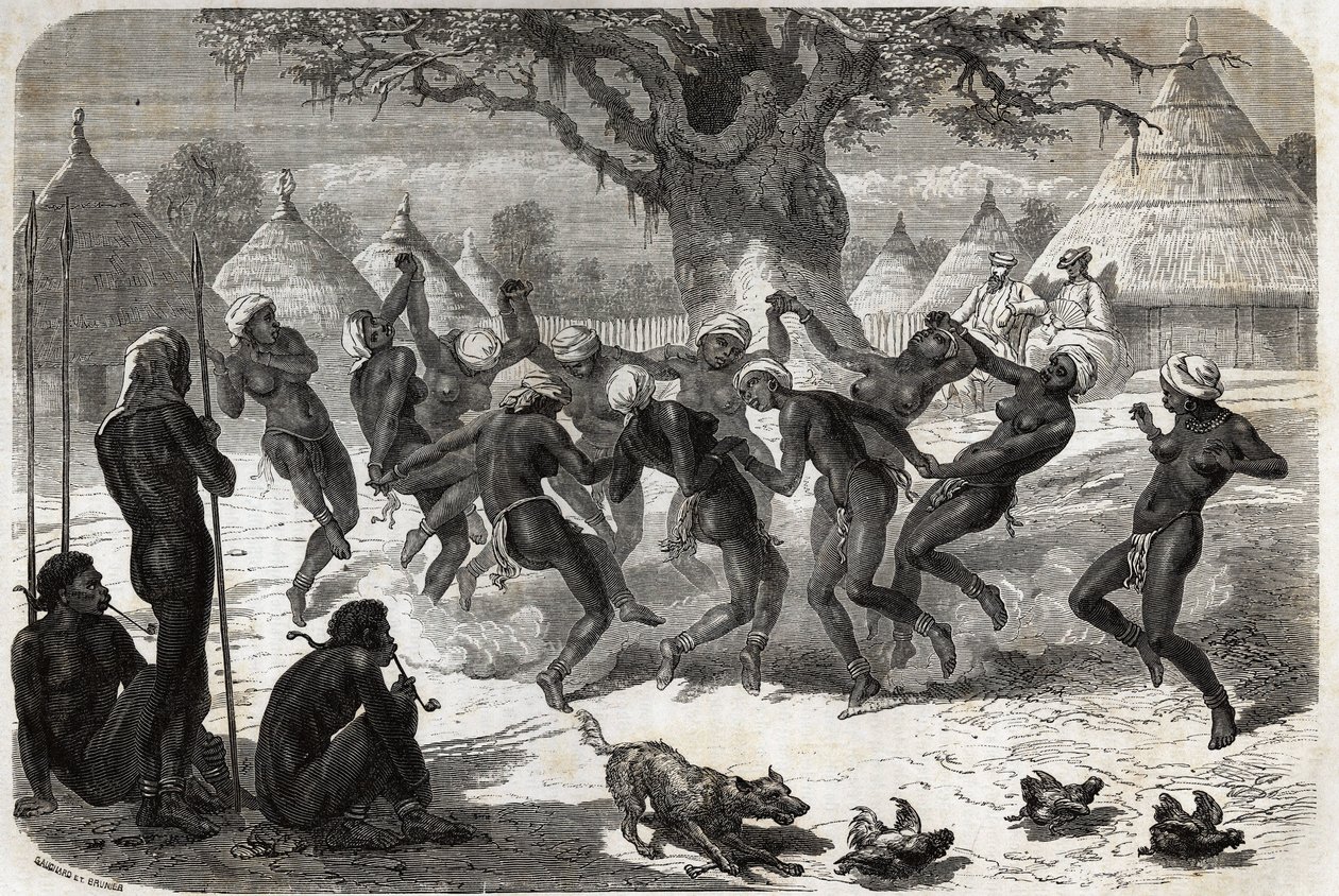 Uvítací tanec žen z kmene po návratu Bakera a jeho ženy od jezera Albert (Albert Nyanza). Engravure pour illustration le voyage au lac Albert, en 1861-1864, od Sir Samuel White Baker, v „Le tour du monde, nouveau journal des voyages od Unknown artist