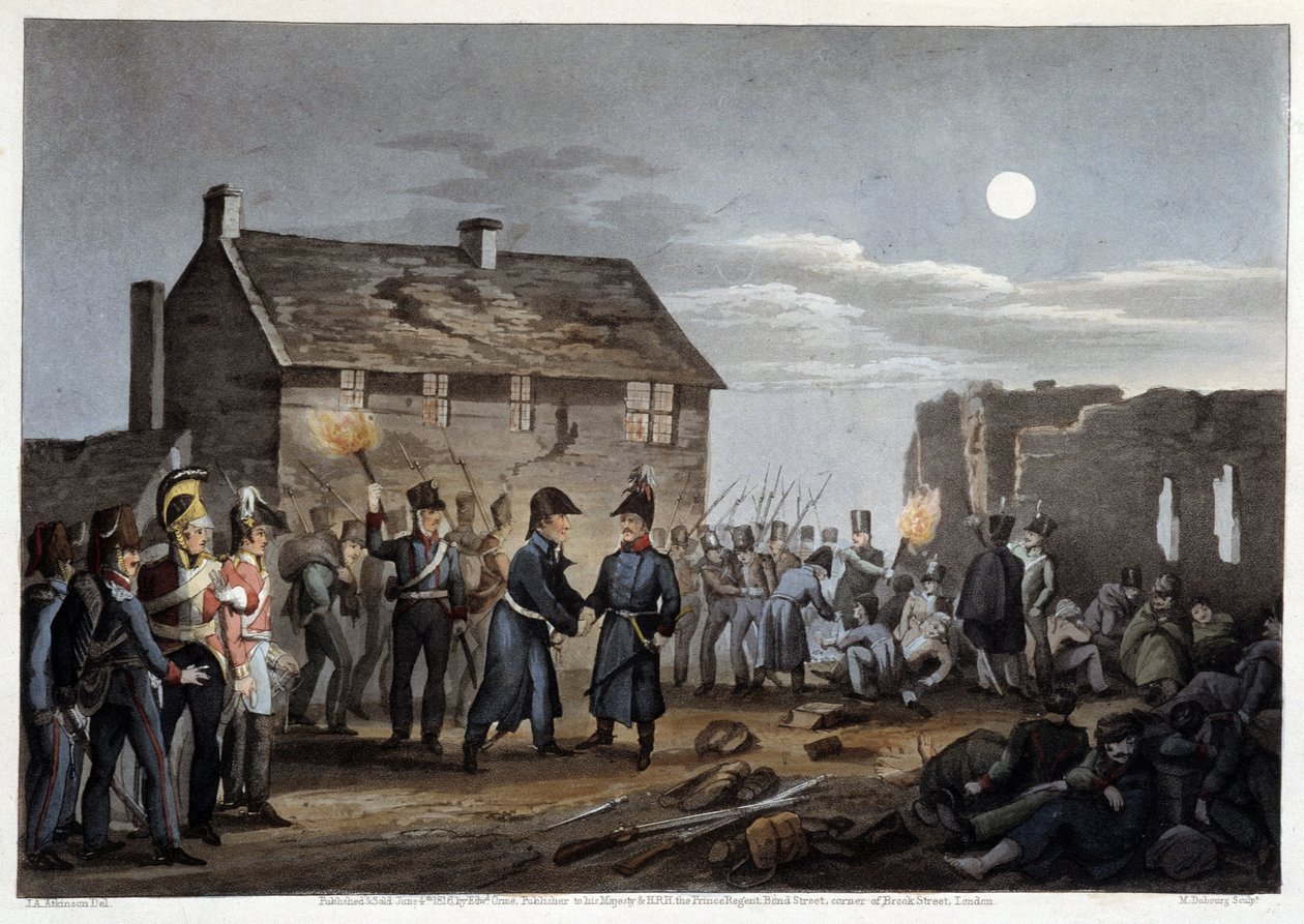 Wellington a Blucher se náhodně setkávají u Waterloo – v „“Historických, vojenských a námořních anekdotách a incidentech, které dorazily k bretaňským armádám a jejich spojencům a skončily ve Waterloo““ od Edwarda Ormea, nemocného. od Atkinson, Londýn od Unknown artist