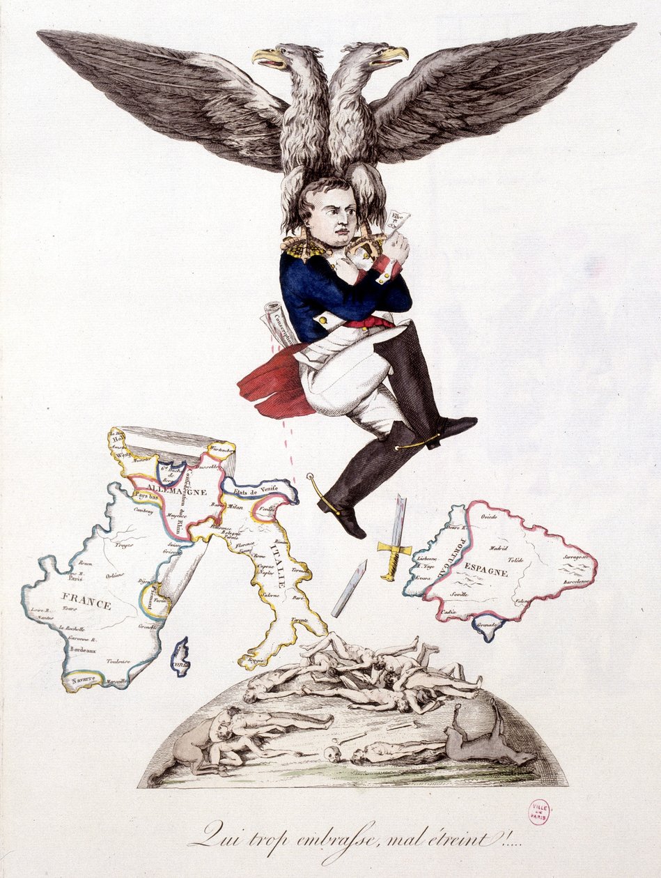 Kdo také objímá, špatně objímá: po rozsetí smrti v celé Evropě se Napoleon připojuje k ostrovu Elba, nese ho orel - v „“ Napoleon 1., karikatury, sbírka figurín“, c. 1814 od Unknown artist