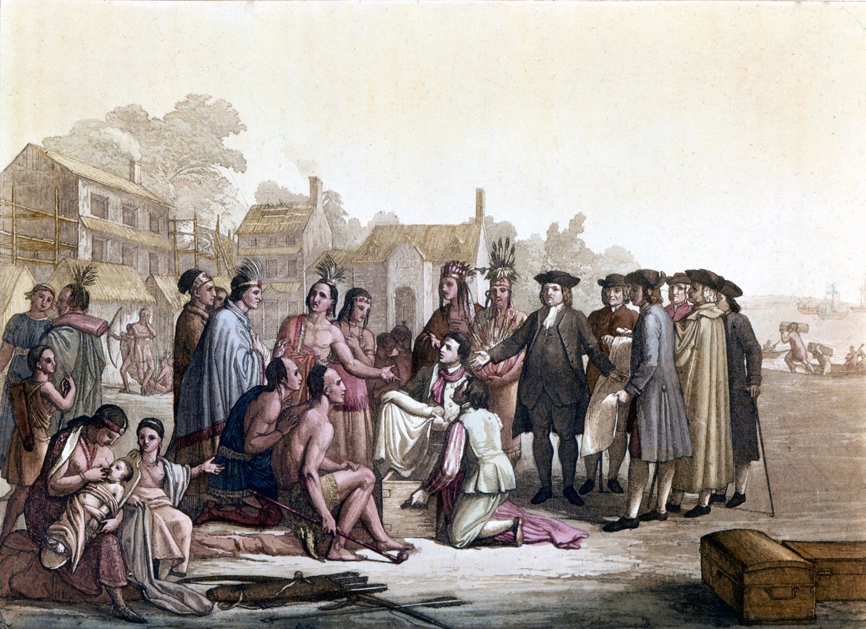 William (Guillaume) Penn (1644-1718), anglický quaker, se zabývá získáváním půdy s americkými Indiány - položil tak základy Pensylvánie a města Philadelphia - Ilustrace v „“Starý a moderní kostým“ ““ od Julese od Unknown artist