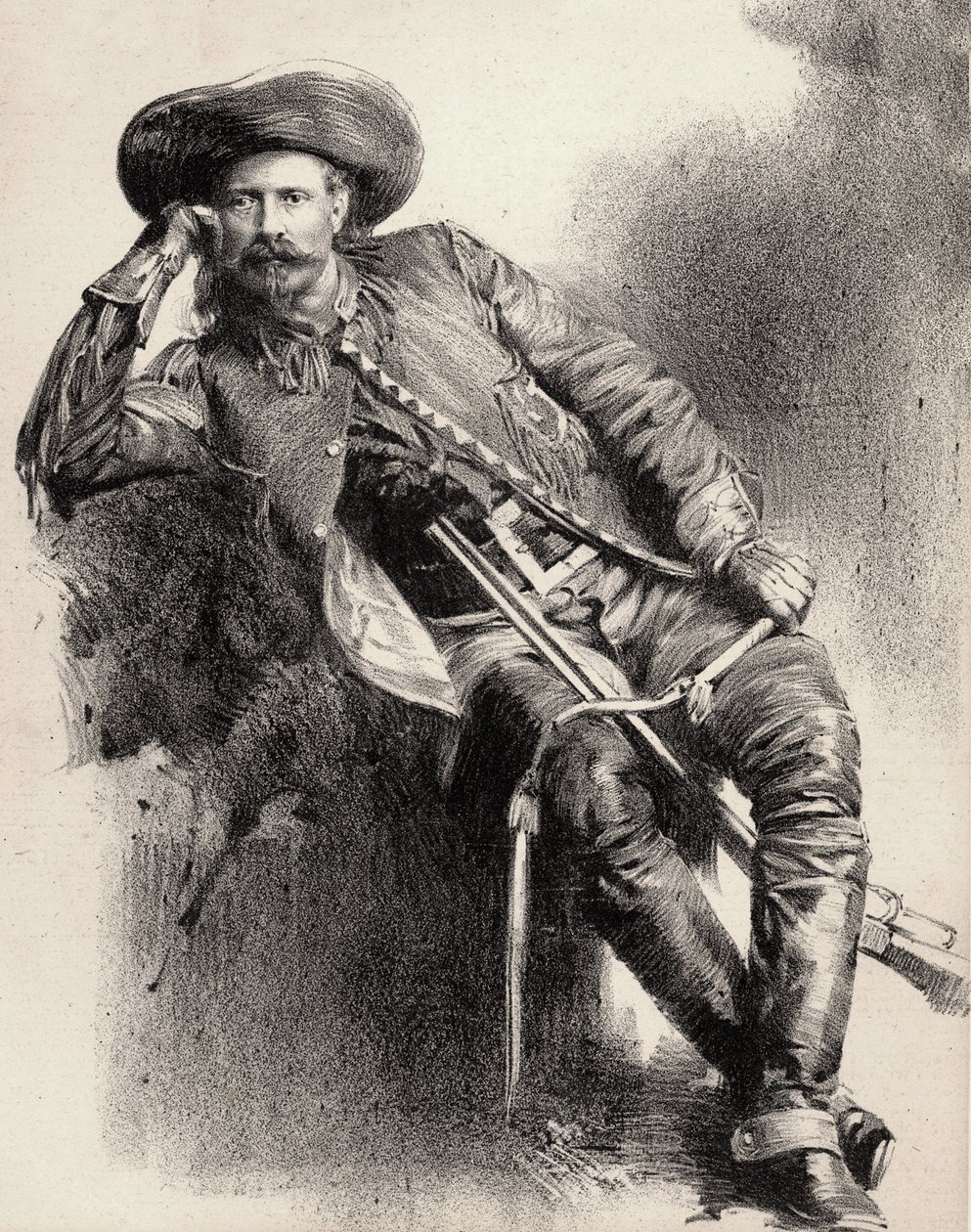 William Frederick Cody - známý jako Buffalo Bill - Portrét Buffalo Billa (1846-1917), plukovník William Cody - rytina za plakátem. od Unknown artist