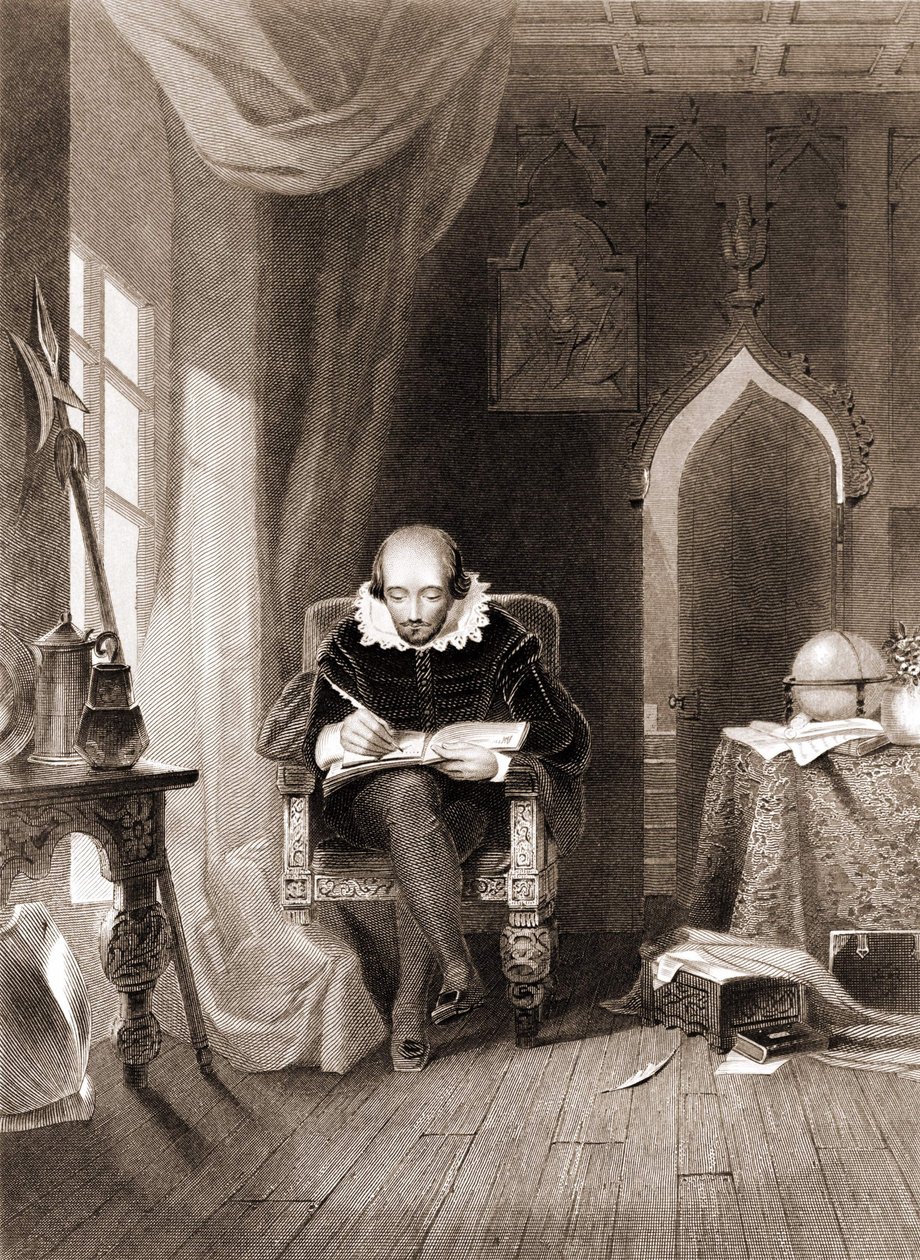 William Shakespeare (1564 - 1616) ve své kanceláři. od Unknown artist