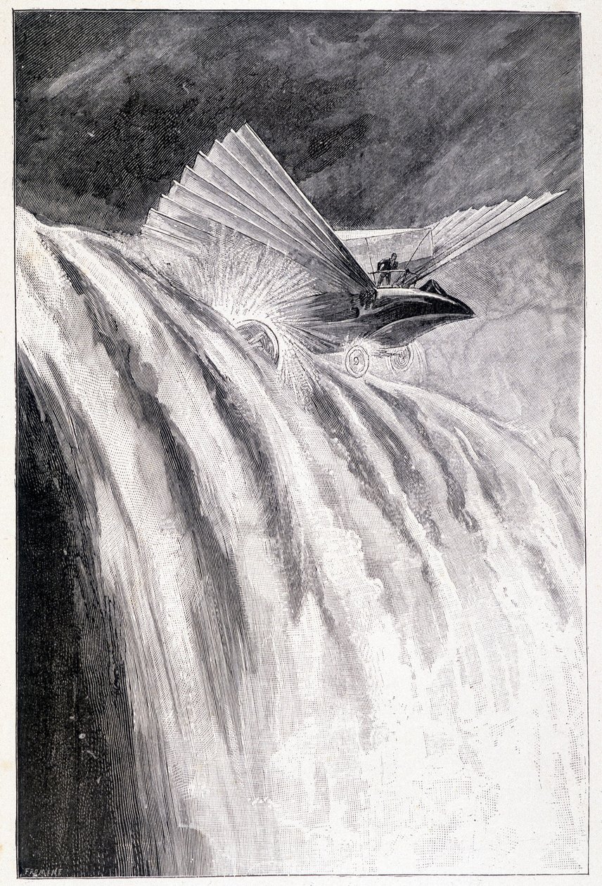 Okřídlené vozidlo přejíždějící vodopád, nemocný. ""Mistr světa"", Jules Verne, konec 19. století. od Unknown artist