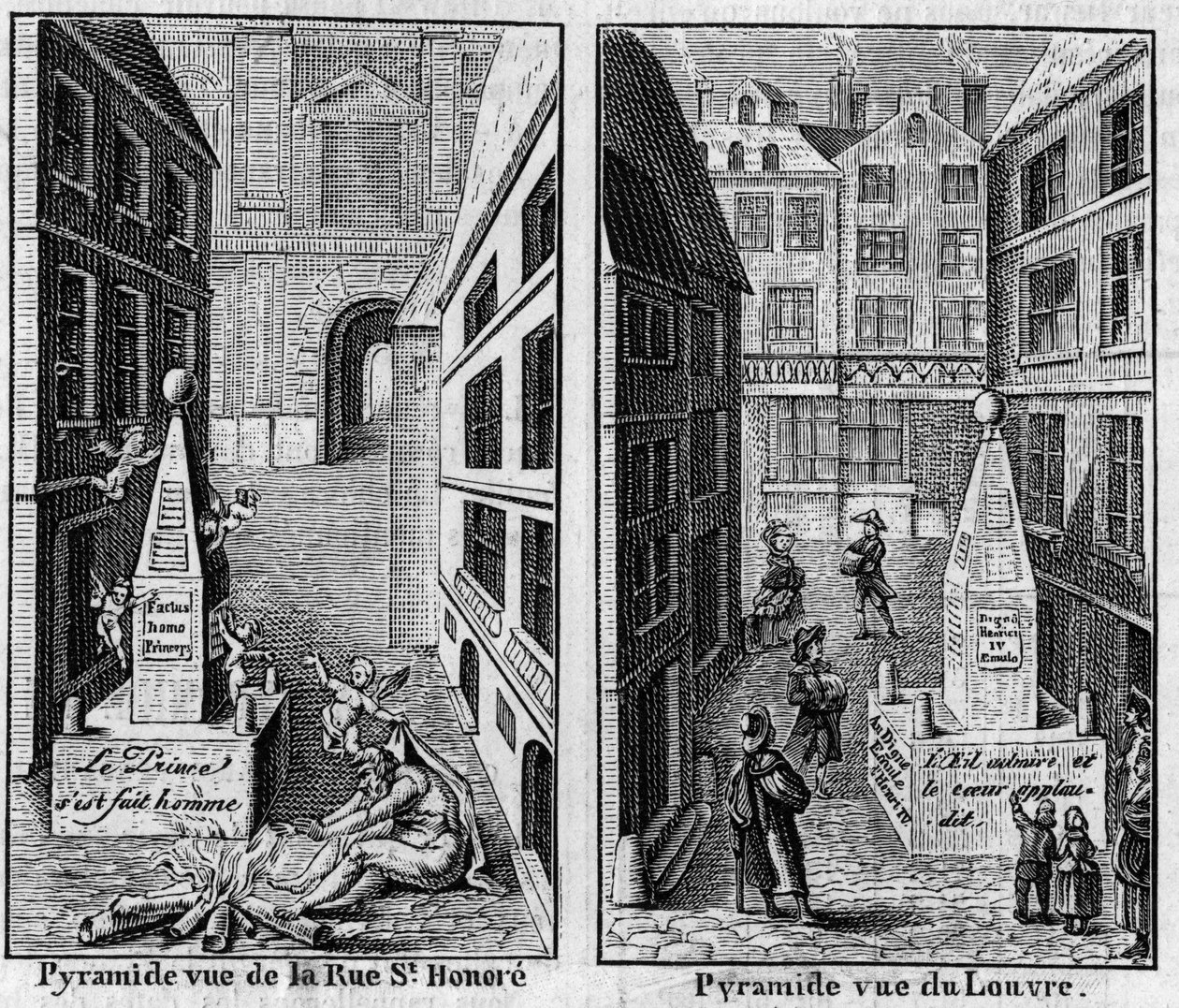 Zimní pyramida 1784 v Paříži. Fac simile (Fac-simile) dvou tisků publikovaných v „La Pyramide de neige“, almanachu z roku 1786. Rytina v „“ Nature: přehled věd a jejich aplikací v umění a průmyslu ““ ze 16. března od Unknown artist
