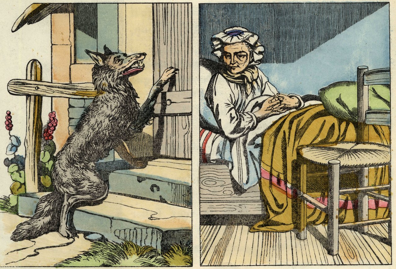 Vlk zaklepe na dveře babičky. Ilustrace pohádky „Červená karkulka“ od Charlese Perraulta od Unknown artist