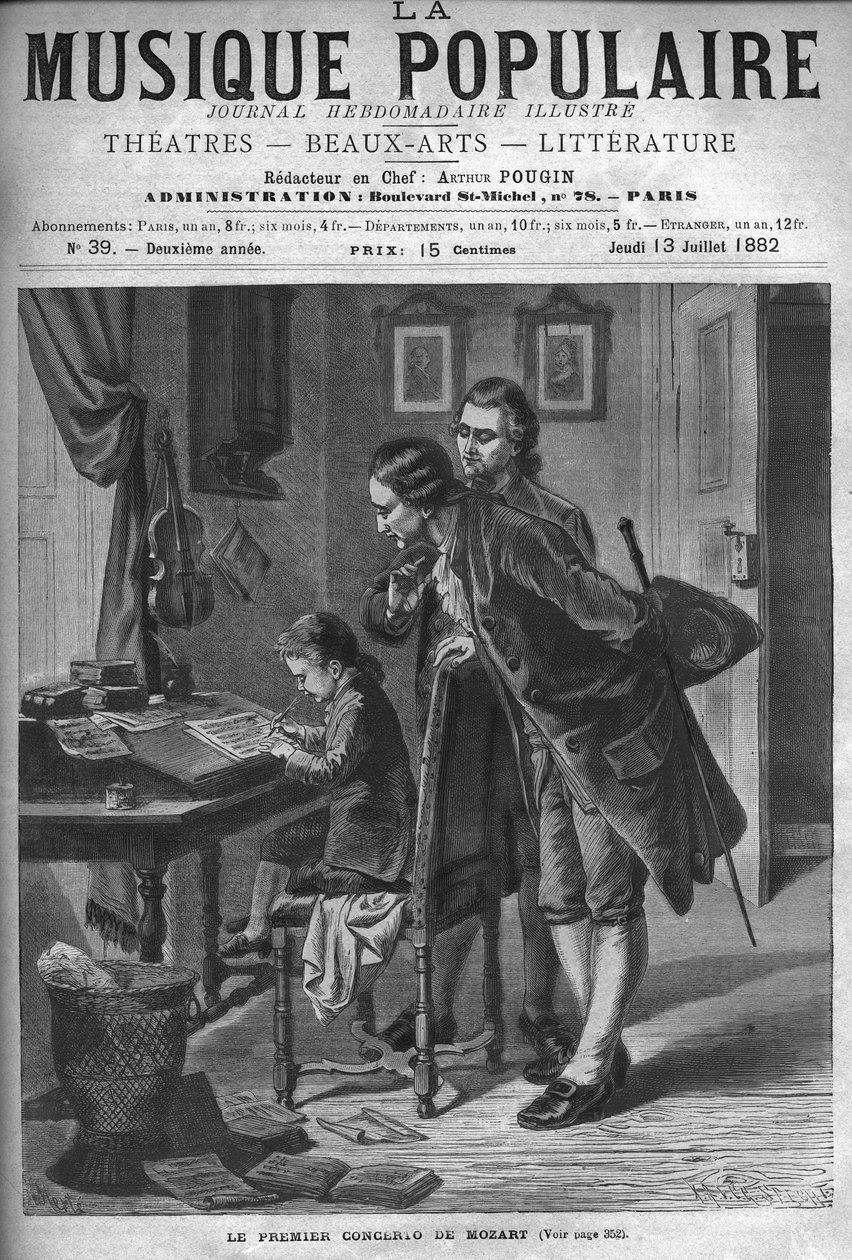 Wolfang Amadeus Mozart psal koncert pro cembalo v přítomnosti svého otce Leopolda a Andrease Schachtnera v roce 1762 - rytina v ilustrovaném týdeníku „” Popular Music””” - 1882 od Unknown artist