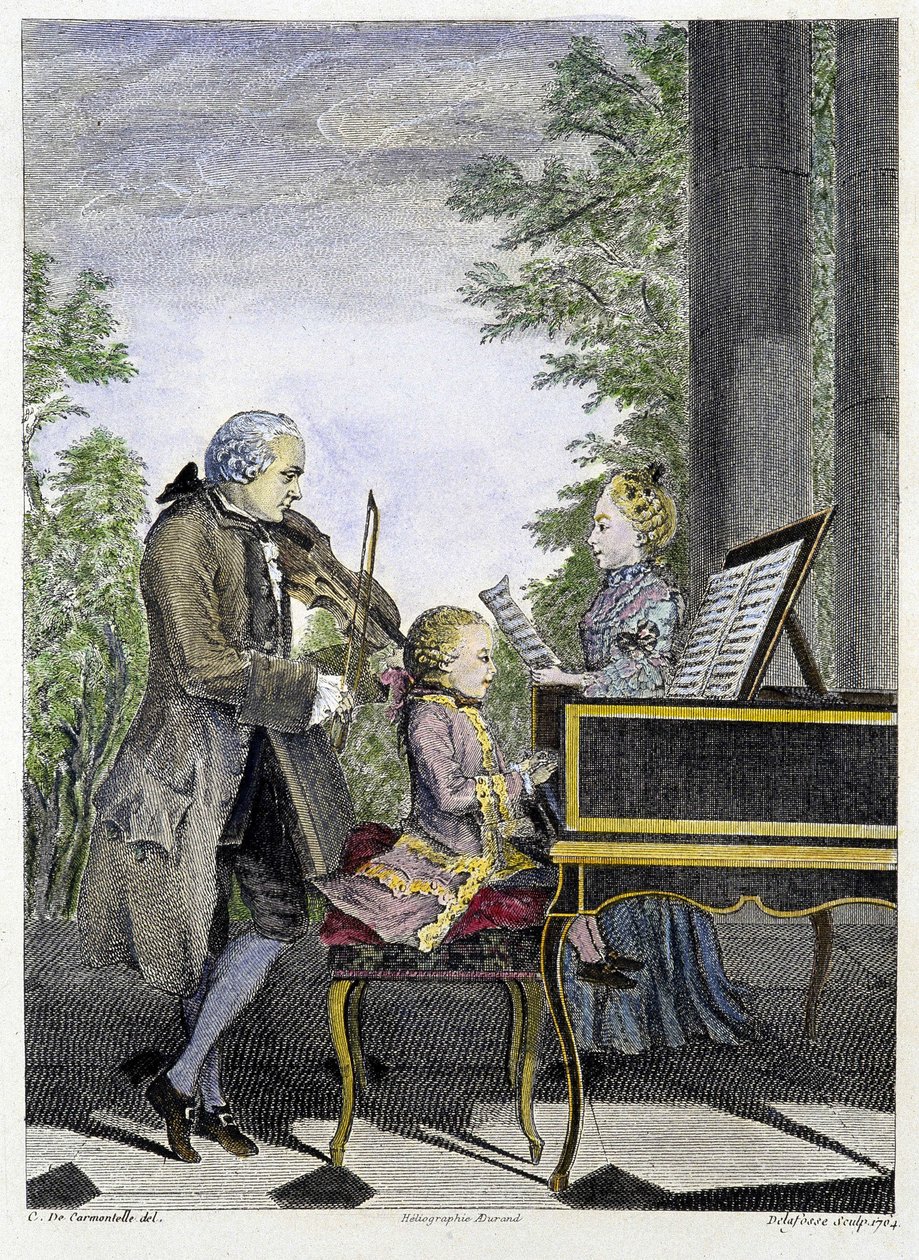 Wolfgang Amadeus Mozart dítě na klavír obklopený svým otcem Leopoldem na houslích a sestrou Marianne na zpěvu - rytina od Unknown artist