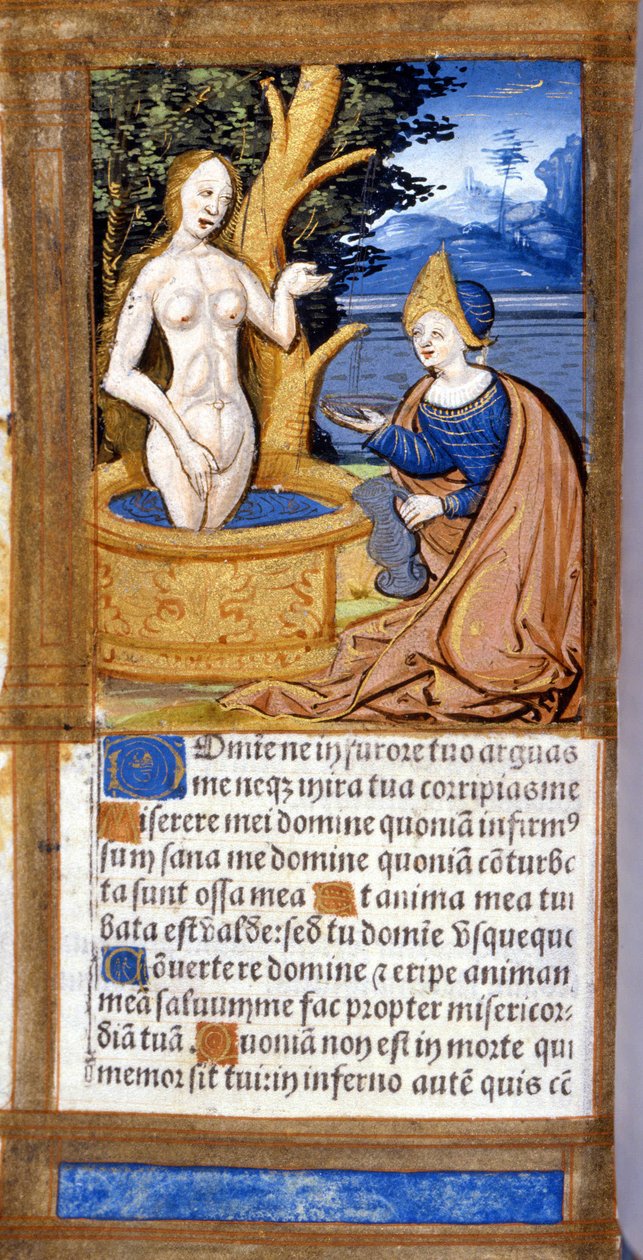 Žena na záchodě. Stránka rukopisu z Pentateuchu. 15. století. Bibl. Braidense, Milán. od Unknown artist