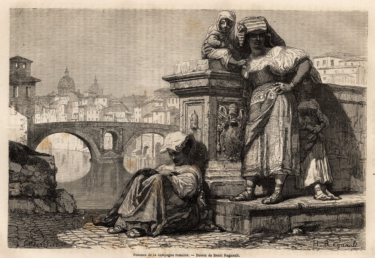 Ženy a děti římského venkova v klidu na okraji Tibery, za obzorem: kopule baziliky svatého Petra ve Vatikánu. Rytina pro ilustraci plavby do Říma od Francise Weye v letech 1864-1868, publikovaná v „Le tour du monde, no od Unknown artist