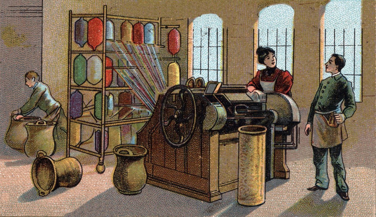 Průmysl vlny, česání. Chromolitografie konce 19. století od Unknown artist