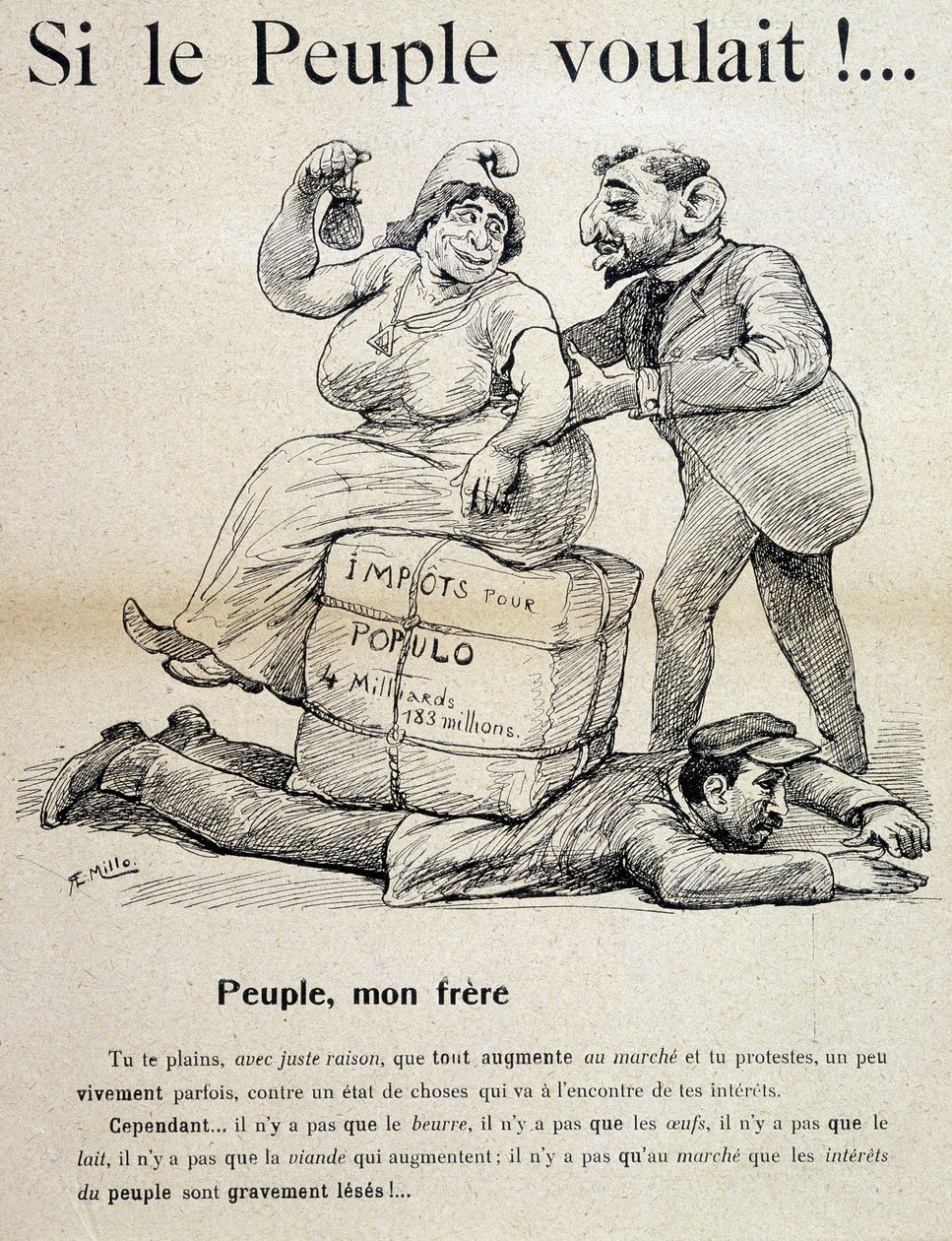 Dělník drcený „daněmi pro populo“ - kreslený film, konec 19. století od Unknown artist