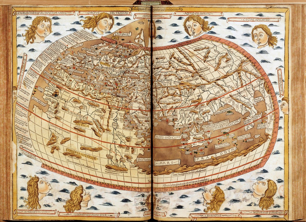 Mapa světa Claude Ptolemee. Lidské hlavy vanoucí vzduch představují různé větry (jejichž jména jsou uvedena). V „“ Latinské geografii. Beatissimo Patri Paulo Secundo Pontifici Maximo. Donis Nicolaus“. Geografický rukopis věnovaný papeži Pavlu II. M od Unknown artist