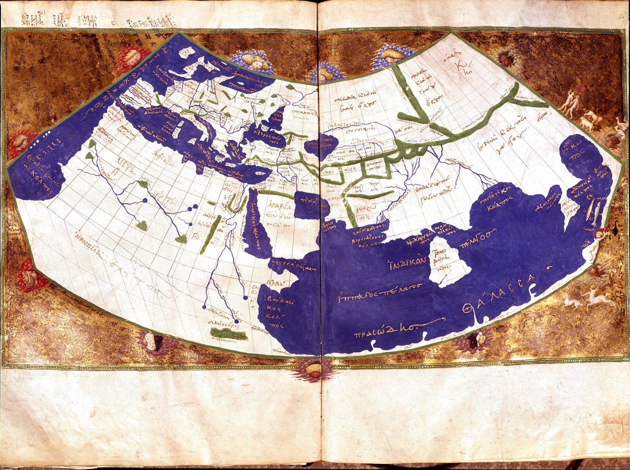 Světová mapa Claudia Ptolemaia (Claude Ptolemee, 90-168 od JC), řeckého astronoma a astrologa - Znázornění ploché Země bez severního a jižního pólu a bez amerického obsahu - Rukopis 15. století - Benátky, Biblioteca Marciana od Unknown artist