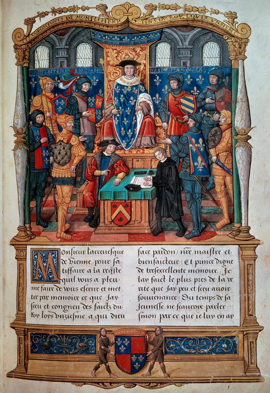 Psaní životopisu: „“ Philippe de Comines (Comynes nebo Comines) (1447-1511) diktuje své památníky před Ludvíkem XI.““ Miniatura převzata z „“ Memoires de Philippe de Comynes“““ 1489-1498 Paříž, B.N. od Unknown artist