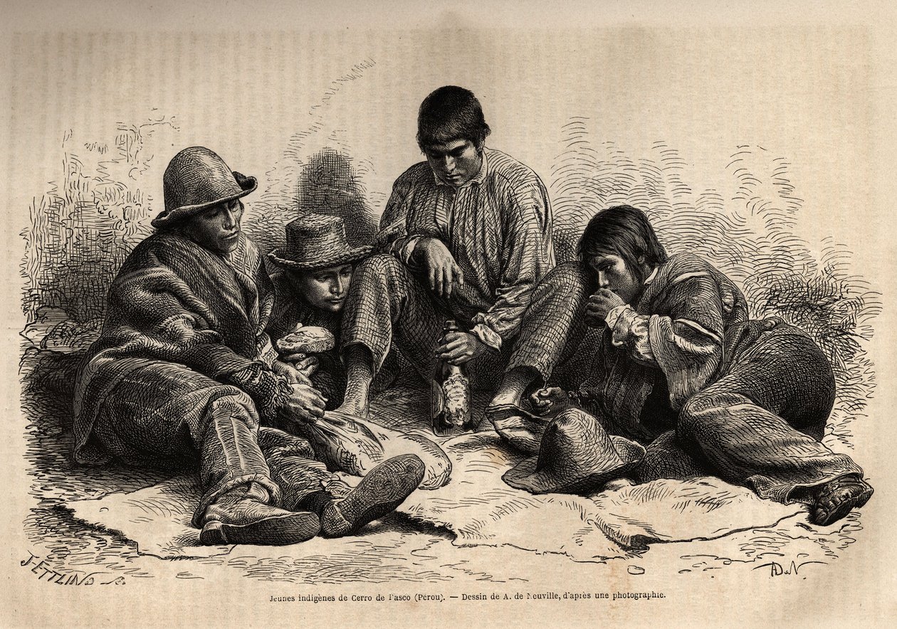Mladí Indové z Cerro de Pasco (střední Peru) se scházejí na snídani. Rytina k ilustraci Les iles Chincha, rect L.Simonin, v roce 1860, publikovaná v „Le tour du monde, nouveau journal des voyages“, editoval Edouard Charton od Unknown artist