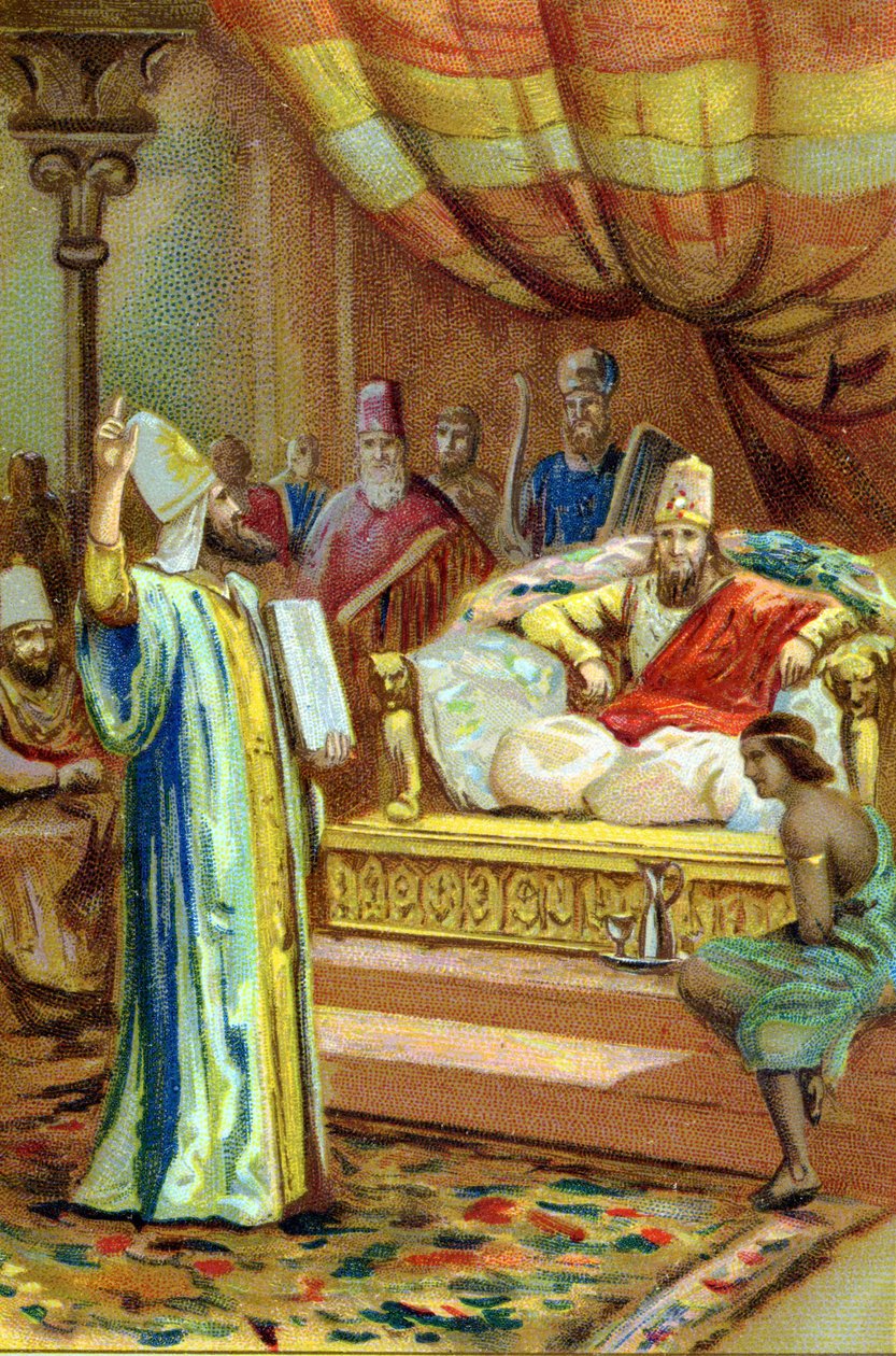 Zarathustra (Zarathustra, Zarathushtra, Zarathustra nebo Zoroastrian), íránský prorok a náboženský reformátor (6. století př. n. l.) na dvoře krále Bactres. chromolitograf 19. století. od Unknown artist