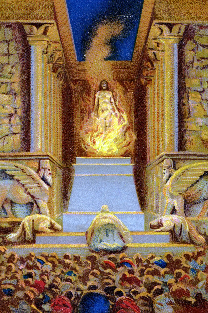 Zarathustra (Zarathustra, Zarathushtra, Zarathustra nebo Zoroaster) zemřel v chrámu obklopeném plamenem. Chromolitograf 19. století. od Unknown artist