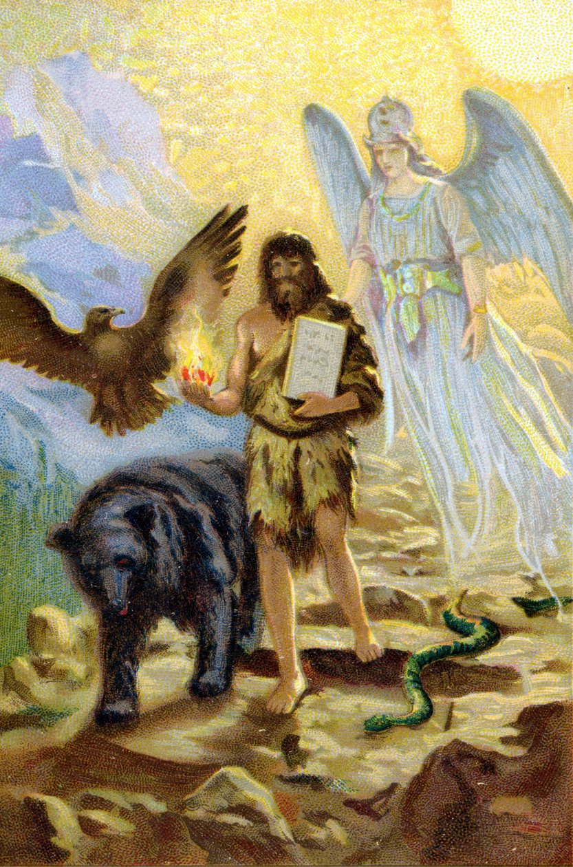Zarathustra (Zarathustra, Zarathuštra, Zarathustra nebo Zoroastra), veden archandělem a doprovázen zvířaty, která by mu dělala společníka během jeho ústupu na horu, sestupuje mezi muže, aby nesl tabulky zákona, které obdržel Ahura Mazda. od Unknown artist