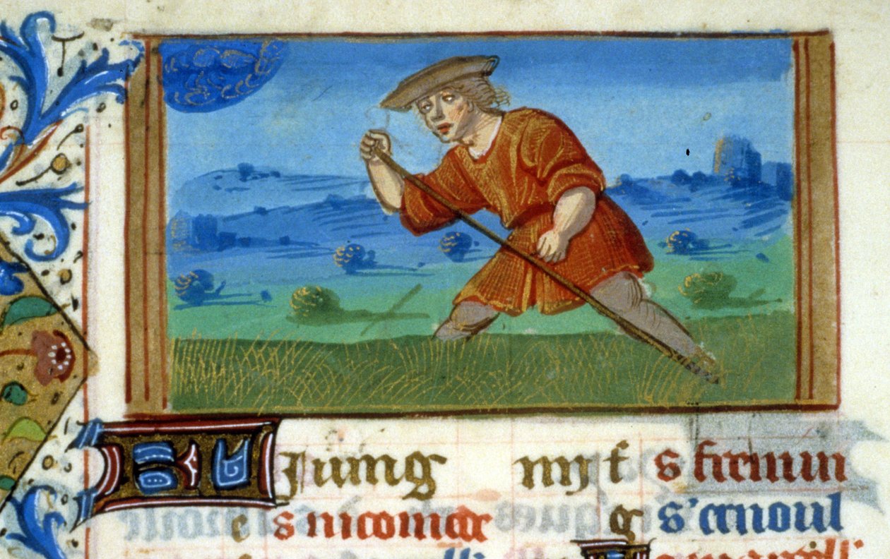 Zodiac Rak a sekání trávy - miniatura středověku (ref. 137, 048v): Žádost o povolení od Městské knihovny v Toulouse (tel: 05 62 27 66 66) od Unknown artist